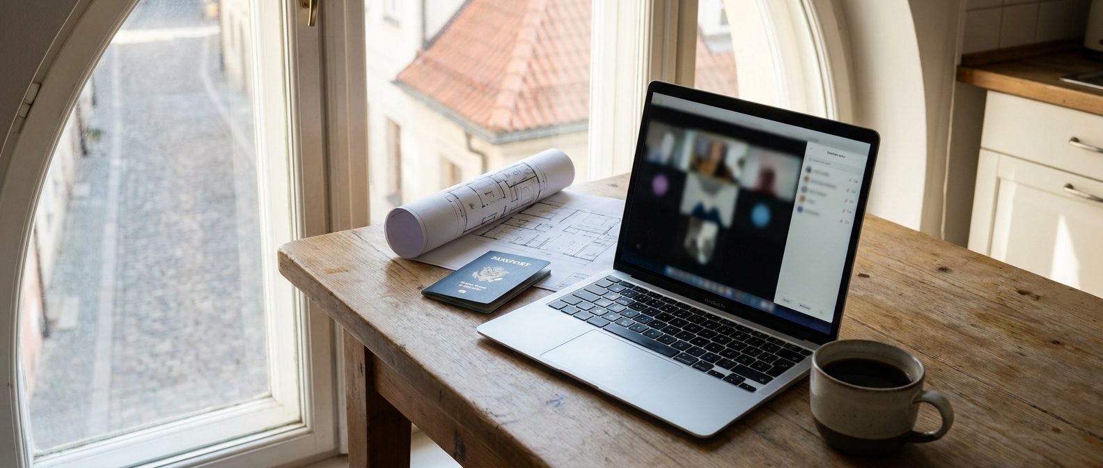 Laptop with a video call, a passport and a floor plan on a kitchen table abroad (illustration)