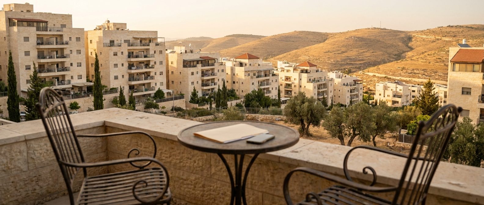 Two chairs and a folder on a stone balcony above Ramat Beit Shemesh rooftops (illustration)