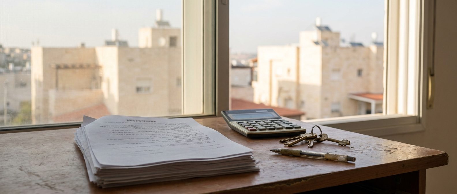 Apartment sale contract, calculator and keys on a desk by a window in Beit Shemesh (illustration)