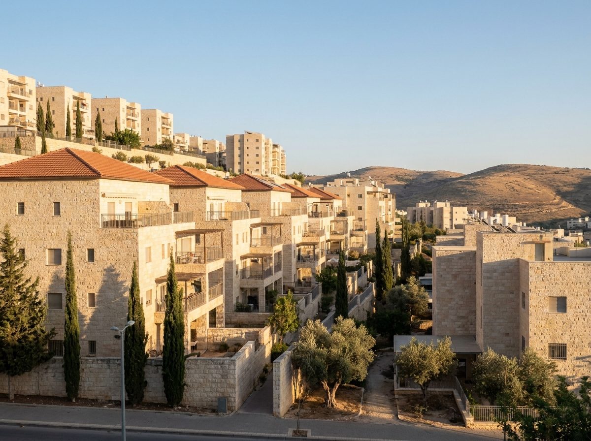 Illustration of stone apartment blocks above Ramat Beit Shemesh