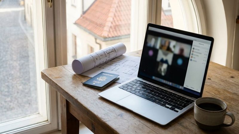 Laptop with a video call, a passport and a floor plan on a kitchen table abroad (illustration)