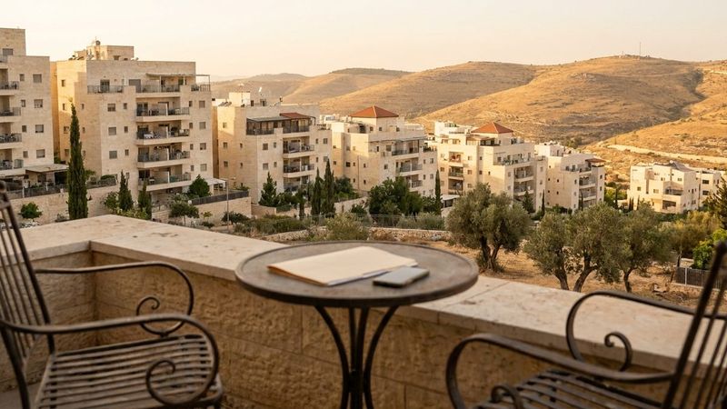 Two chairs and a folder on a stone balcony above Ramat Beit Shemesh rooftops (illustration)