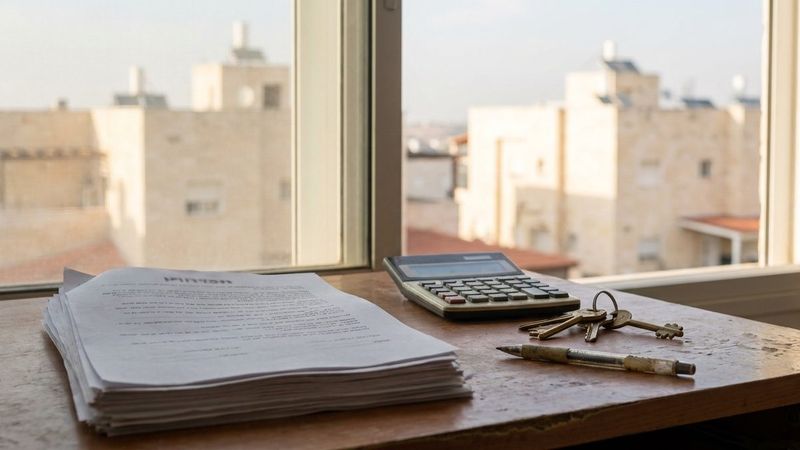 Apartment sale contract, calculator and keys on a desk by a window in Beit Shemesh (illustration)